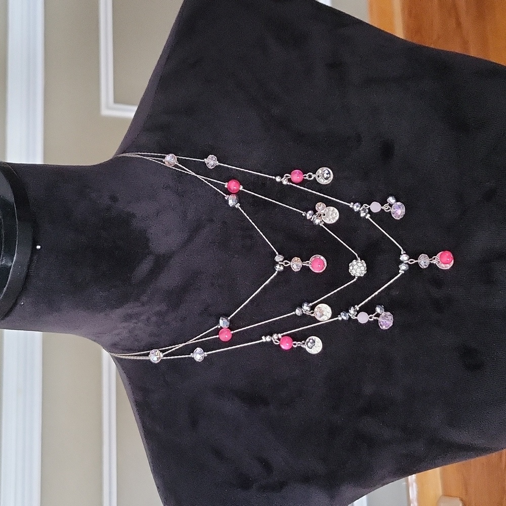 Layered 3 Tier Beaded Pink Necklace